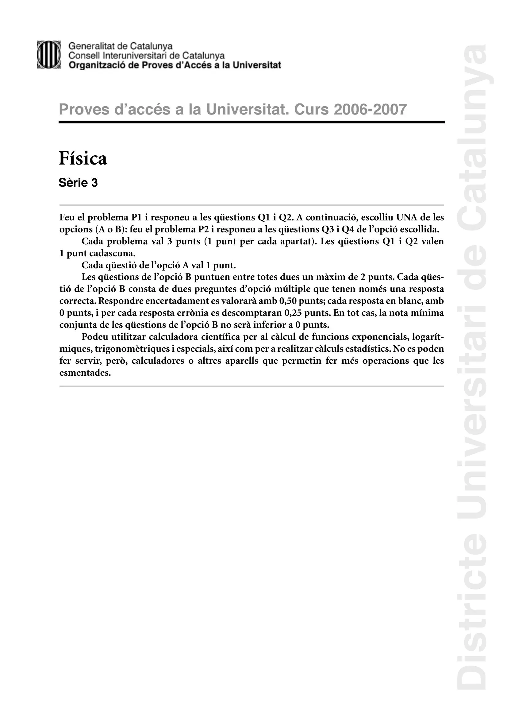 Examen de Física Setembre 2007