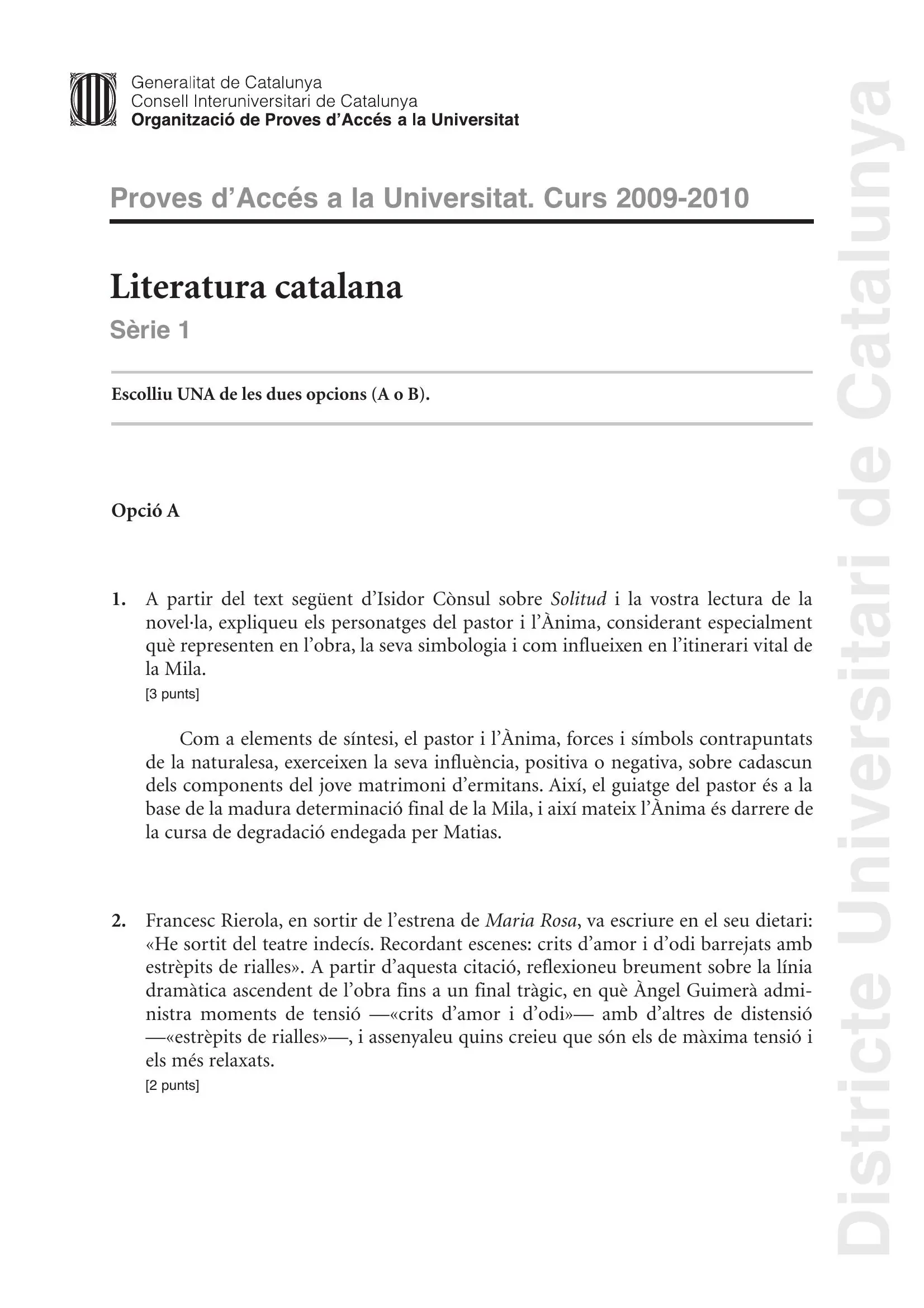 Examen de Literatura Catalana Juny 2010
