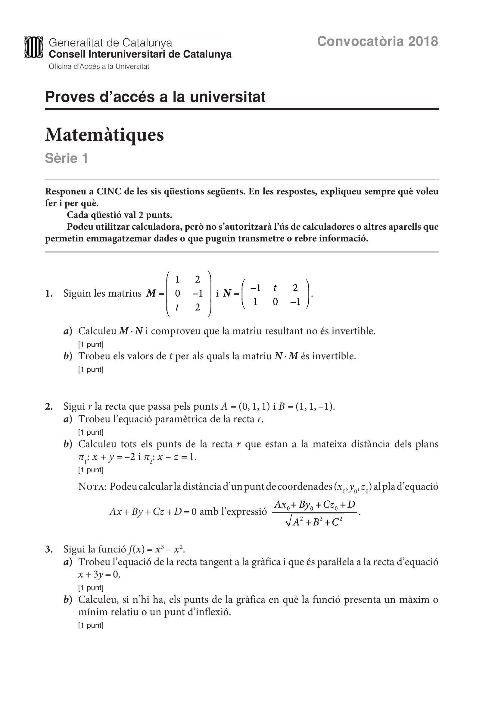 Examen de Matemàtiques Científiques Juny 2018